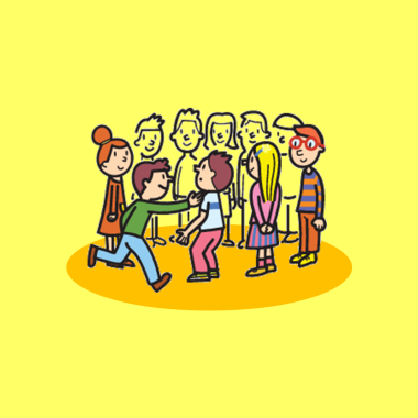 Gruppo di amici e un bambino che tocca un altro bambino